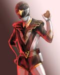  1boy absurdres animal belt bird black_condor bodysuit buckle chick choujin_sentai_jetman commentary_request gloves hand_on_hip helmet highres holding holding_animal holster male_focus rakkokun_tondoru solo super_sentai tokusatsu 