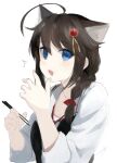  1girl animal_ears bangs blue_eyes braid brown_hair cat_ears chagen_kokimu chopsticks commentary_request eyebrows_visible_through_hair food food_on_face hair_between_eyes hair_flaps hair_ornament hair_ribbon holding holding_chopsticks kantai_collection long_hair looking_at_viewer official_alternate_costume one-hour_drawing_challenge open_mouth red_ribbon remodel_(kantai_collection) ribbon shigure_(kancolle) signature simple_background single_braid solo upper_body white_background 