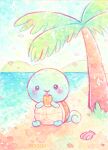  artist_name beach bisquii blush closed_mouth drinking drinking_straw lowres nintendo no_humans painting_(medium) palm_tree pokemon pokemon_(creature) sand seashell shell sitting sky smile sparkling_eyes squirtle traditional_media tree turtle water watercolor_(medium) waves 
