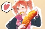  1girl ahoge baguette beige_background biting black_sleeves blush bread commentary drill_hair eating fang food grin heart holding holding_food hood hoodie kasane_teto maki_(nasulily) pink_shirt red_eyes redhead shirt short_hair smile solo speech_bubble spoken_heart twin_drills upper_body utau v-shaped_eyebrows 