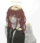 1boy androgynous angel_devil_(chainsaw_man) angel_wings black_necktie black_suit brown_hair chainsaw_man champi collared_shirt commentary feathered_wings from_side grey_eyes hair_between_eyes halo highres long_hair male_focus necktie shirt simple_background solo upper_body white_background white_shirt white_wings wings 