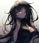  1girl absurdres bangs bare_shoulders black_hair cleavage_cutout clothing_cutout dress glowing glowing_eye hair_between_eyes halter_dress halterneck highres long_hair original ozeu0916 pointy_ears sleeveless sleeveless_dress smug solo symbol-only_commentary upper_body violet_eyes 