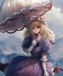  1girl absurdres blonde_hair bow choker clouds cloudy_sky dress elbow_gloves floating forest frilled_dress frills gap_(touhou) gloves hair_bow half-closed_eyes hat hat_ribbon highres holding holding_umbrella light_smile mob_cap morning mountain mountainous_horizon nanaironokabi nature outdoors parasol purple_dress red_bow red_ribbon ribbon ribbon_choker ribbon_trim short_sleeves sky solo sunlight torii touhou umbrella violet_eyes white_gloves white_headwear yakumo_yukari 