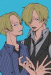  2boys blonde_hair blue_background blue_eyes clone facial_hair goatee hiraharu male_focus multiple_boys necktie one_piece open_mouth sanji short_hair smile time_paradox vest 