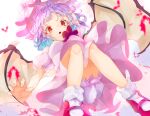  1girl absurdres ascot bat bat_wings bloomers calpis118 falling from_above full_body hand_in_hair hat highres looking_at_viewer mary_janes messy_hair mob_cap nail_polish open_mouth outstretched_arms outstretched_hand pink_headwear pink_nails pink_shirt pink_skirt puffy_short_sleeves puffy_sleeves purple_hair red_ascot red_eyes red_footwear remilia_scarlet shirt shoes short_hair short_sleeves skirt solo touhou underwear white_bloomers white_legwear wings 