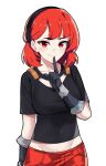  1girl black_shirt blush ehebai fortnite hair_ornament happy highres lexa_(fortnite) looking_at_viewer mechanical_parts red_eyes red_shorts redhead shirt short_hair shorts simple_background smile solo white_background 