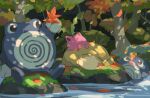  autumn_leaves closed_eyes commentary_request day holding holding_leaf hoppip leaf lying moss no_humans on_stomach outdoors pokemon pokemon_(creature) poliwag poliwhirl ponimu psyduck shadow sitting sleeping swimming water 