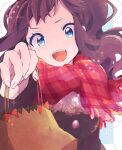  1girl :d alternate_costume bag blue_eyes brown_coat brown_hair buttons coat commentary_request eyelashes hand_up highres hilda_(pokemon) holding holding_bag long_hair looking_at_viewer misha_(ohds101) open_mouth plaid plaid_scarf pokemon pokemon_(game) pokemon_bw red_scarf scarf sidelocks smile solo sparkle teeth tongue upper_body upper_teeth 