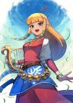  1girl :d belt blonde_hair blue_eyes blue_sky blush breasts cape cowboy_shot day dress highres kuroi_susumu loftwing long_hair long_sleeves looking_at_viewer lyre medium_breasts open_mouth outdoors pink_dress pointy_ears princess_zelda sidelocks sky smile solo the_legend_of_zelda very_long_hair white_cape 