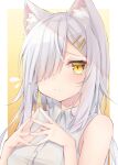  1girl animal_ear_fluff animal_ears bangs bare_shoulders blush breasts collared_shirt commentary_request dress_shirt flying_sweatdrops grey_hair hair_over_one_eye highres long_hair medium_breasts original ringouulu shirt sleeves_past_wrists solo steepled_fingers twitter_username two-tone_background upper_body white_background white_shirt yellow_background yellow_eyes 