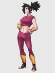  1girl abs bangs beige_background black_eyes black_footwear black_hair boots breasts clenched_hands closed_mouth crop_top dragon_ball dragon_ball_super earrings frown groin hands_on_hips high_ponytail jewelry kefla_(dragon_ball) kemachiku knee_boots large_breasts leggings looking_afar midriff muscular muscular_female potara_earrings serious simple_background solo spiky_hair toned tsurime v-shaped_eyebrows 