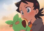  1boy bangs black_hair blue_eyes closed_mouth clouds commentary_request eyelashes goh_(pokemon) grey_shirt grookey highres holding holding_pokemon kawachaneel male_focus outdoors pokemon pokemon_(anime) pokemon_(creature) pokemon_swsh_(anime) shirt short_hair sky upper_body 