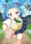  1girl alternate_costume bangs blue_eyes blue_hair blue_skirt blush breasts briefcase clenched_hand collared_shirt cucumber food_in_mouth forehead grass green_headwear hair_bobbles hair_ornament hat highres holding holding_briefcase ino_cent kawashiro_nitori knees large_breasts looking_at_viewer mouth_hold path pleated_skirt running school_briefcase school_uniform shiny shiny_hair shirt short_hair skirt solo sweat sweatdrop sweater_vest sweating_profusely thighs touhou two_side_up v-shaped_eyebrows white_shirt wing_collar yellow_sweater_vest 