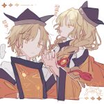  2girls alternate_hairstyle bangs black_headwear blonde_hair bow bowtie braid brown_headwear cape chinese_clothes closed_eyes closed_mouth constellation constellation_print detached_sleeves dress eyebrows_visible_through_hair hair_between_eyes hair_bow hair_brush hand_up hands_up hat highres junko_(touhou) kyuutame long_hair long_sleeves looking_to_the_side matara_okina mirror multiple_girls open_mouth orange_cape orange_sleeves phoenix_crown pom_pom_(clothes) red_bow shirt short_hair simple_background sketch smile star_(symbol) tabard touhou twin_braids upper_body very_short_hair white_background white_shirt white_sleeves wide_sleeves yellow_eyes 