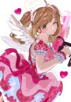  1girl absurdres ahoge angel angel_wings bare_shoulders blush brown_hair dress earrings fake_halo feathered_wings green_eyes gun hai_(haihaiakatyan) halo heart heart_earrings heart_print highres idolmaster idolmaster_cinderella_girls jewelry looking_at_viewer medium_hair one_eye_closed pink_dress puckered_lips puffy_short_sleeves puffy_sleeves satou_shin short_sleeves solo twintails weapon white_wings wings 