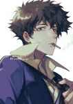  1boy artist_name black_hair black_necktie blue_shirt cigarette close-up collared_shirt cowboy_bebop hair_between_eyes kadeart looking_at_viewer male_focus necktie necktie_grab neckwear_grab shirt short_hair simple_background smoking solo spike_spiegel upper_body white_background yellow_eyes 