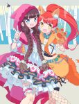  2girls :d animal_costume animal_ears animal_hands big_bad_wolf big_bad_wolf_(cosplay) blue_collar blue_eyes braid brown_hair cape chain collar cosplay dress fake_animal_ears fang fishnet_thighhighs fishnets frilled_dress frills fur-trimmed_jacket fur_trim gloves hand_on_another&#039;s_waist hand_up hood hood_up hooded_cape jacket ku_(residual666) kurosu_aroma little_red_riding_hood_(grimm) little_red_riding_hood_(grimm)_(cosplay) long_hair looking_at_viewer midriff multiple_girls open_clothes open_jacket open_mouth paw_gloves pink_cape ponytail pretty_series pripara redhead shiratama_mikan shorts sleeveless sleeveless_jacket smile standing tail thigh-highs thigh_strap twin_braids w wolf_costume wolf_ears wolf_tail yellow_shorts 