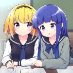  2girls bangs black_cardigan black_hairband black_sailor_collar blonde_hair blue_bow blue_hair blue_necktie blunt_bangs blurry blurry_background bow cardigan cardigan_vest classroom collarbone commentary_request desk eyebrows_visible_through_hair furude_rika grey_sweater hairband hazumi_otoya highres higurashi_no_naku_koro_ni hime_cut holding holding_pencil houjou_satoko indoors long_hair long_sleeves multiple_girls necktie open_mouth paper pencil pointing sailor_collar school_uniform short_hair sidelocks sweater violet_eyes 