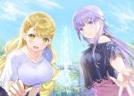  2girls :d bangs blonde_hair blue_sky blush braid breasts casual closed_mouth clouds curly_hair day eyebrows_visible_through_hair fountain ga_bunko girl_sandwich hair_ornament hairclip highres jewelry koibito_zen&#039;in_wo_shiawase_ni_suru_hanashi large_breasts leaning_forward long_hair looking_at_viewer multiple_girls necklace novel_illustration off_shoulder official_art open_mouth outdoors purple_hair reaching_out sandwiched shiny shiny_hair shirase_risa shirt sidelocks sky smile sparkle takarazaki_haruka tan_(tangent) textless upper_body very_long_hair violet_eyes yellow_eyes 