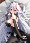  1girl aegir_(azur_lane) alternate_costume azur_lane backless_dress backless_outfit bare_shoulders bareback black_dress black_gloves breasts bridal_gauntlets dress fine_fabric_emphasis gloves hair_on_horn highres large_breasts long_hair looking_at_viewer lying madotsukumo multicolored_hair on_side redhead solo two-tone_hair very_long_hair white_hair yellow_eyes 