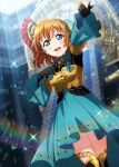  1girl :d armor blue_eyes breastplate cosplay dress gloves greaves hand_on_own_chest headset kousaka_honoka light_rays love_live! love_live!_school_idol_festival love_live!_school_idol_project official_alternate_costume official_art orange_hair outstretched_arm palladion palladion_(cosplay) persona persona_3 plume smile stairs tartarus 