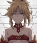  1girl bandeau bangs bare_shoulders blonde_hair braid breasts closed_eyes closed_mouth collarbone detached_collar detached_sleeves fang fate/apocrypha fate_(series) french_braid highres long_hair mordred_(fate) mordred_(fate/apocrypha) parted_bangs ponytail shaded_face sidelocks small_breasts smile tonee 