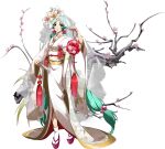  1girl aqua_hair bridal_veil brown_eyes closed_fan floating_hair flower folding_fan full_body furisode hair_flower hair_intakes hair_ornament hand_fan highres holding japanese_clothes kimono langrisser langrisser_iv long_hair long_sleeves official_art parted_lips pink_flower pink_rose red_flower red_rose rose schelfaniel_(langrisser) shiny shiny_hair solo standing tail transparent_background twintails veil very_long_hair white_flower white_kimono white_legwear white_rose wide_sleeves 