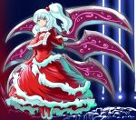  1girl bangs breasts dress eyebrows_visible_through_hair flower full_body grey_eyes hair_bobbles hair_ornament hand_on_own_chest highres large_breasts long_hair long_sleeves pc-98 profitshame red_dress red_flower shinki_(touhou) side_ponytail silver_hair touhou wide_sleeves wings 