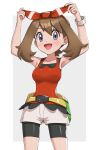  1girl :d arms_up bangs bike_shorts bike_shorts_under_shorts blush bow_hairband bracelet breasts brown_hair commentary_request eyelashes fanny_pack gonzarez grey_eyes hairband highres jewelry may_(pokemon) medium_hair open_mouth pink_nails pokemon pokemon_(game) pokemon_oras red_hairband red_shirt shiny shiny_clothes shiny_hair shiny_skin shirt shorts sleeveless sleeveless_shirt smile solo tongue white_shorts yellow_bag 