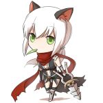  1girl animal_ear_fluff animal_ears armor armored_boots assassin_cross_(ragnarok_online) bangs black_cape black_gloves black_legwear black_leotard boots breasts cape cat_ears chibi closed_mouth commentary_request dagger elbow_gloves eyebrows_visible_through_hair full_body gloves green_eyes high_heel_boots high_heels holding holding_dagger holding_weapon jamadhar kneehighs knife leaf leotard long_hair looking_at_viewer medium_breasts mouth_hold natsuya_(kuttuki) navel pauldrons ragnarok_online red_scarf revealing_clothes scarf shoulder_armor simple_background solo stalk_in_mouth torn_cape torn_clothes torn_scarf vambraces waist_cape weapon white_background white_hair 