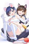  &quot;rouhou&quot;_ore_no_iinazuke_ni_natta_jimiko_ie_dewa_kawaii_shikanai. 2girls ;d animal_ears bandeau bare_shoulders black_legwear blue_bow blue_eyes blue_hair blush bow breasts brown_eyes brown_hair cat_ears cat_tail choker collarbone elbow_gloves eyebrows_visible_through_hair fake_animal_ears fake_tail full_body gloves hair_ornament highres hug long_hair looking_at_viewer midriff mouse_ears mouse_tail multiple_girls novel_illustration official_art one_eye_closed sakata_nayu shiny shiny_skin short_hair sitting small_breasts smile soles sweatdrop tail tan_(tangent) textless thighs v-shaped_eyebrows watanae_yuuka white_gloves white_legwear 