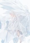  1girl absurdres angel angel_wings bangs bare_shoulders barefoot commentary_request dress feathers floating from_behind full_body highres long_hair original profile red_eyes simple_background solo tsuki_mitsu very_long_hair white_background white_dress white_hair white_theme white_wings wings 