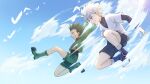  2boys black_tank_top boots child clouds cloudy_sky commentary falling gon_freecss green_footwear green_hair green_shorts highres hunter_x_hunter jumping killua_zoldyck looking_down male_focus multiple_boys outdoors purple_footwear shine_cheese short_hair shorts sky spiky_hair tank_top 