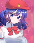  1girl blue_eyes blue_hair bow bowtie breasts cabbie_hat flat_cap hat hat_ornament label_girl_(dipp) looking_at_viewer mandarin_collar medium_breasts red_bow red_bowtie red_headwear red_neckwear short_hair star_(symbol) star_hat_ornament touhou vest white_sleeves white_vest 