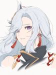  1girl commentary_request earrings feather_hair_ornament feathers genshin_impact hair_ornament hair_over_one_eye jewelry long_hair looking_at_viewer marumoru shenhe_(genshin_impact) simple_background solo upper_body violet_eyes white_background white_hair 