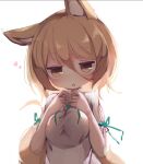  1girl animal_ears bangs breast_squeeze breasts brown_eyes brown_hair chii_(tsumami_tsumamare) eyebrows_visible_through_hair fox_ears fox_tail hair_between_eyes heart highres kudamaki_tsukasa looking_at_viewer open_mouth romper short_sleeves simple_background solo tail touhou upper_body white_background 