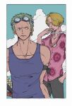  2boys blonde_hair earrings goggles goggles_around_neck goggles_on_head green_hair hair_over_one_eye hand_in_pocket hiraharu jewelry male_focus multiple_boys one_piece outdoors roronoa_zoro sanji sheath sheathed short_hair short_sleeves sleeveless smoking 