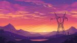  1girl bellavoirr chromatic_aberration clouds commentary english_commentary full_body gradient_sky highres long_hair mountain mountainous_horizon orange_sky original outdoors power_lines purple_sky purple_theme scenery sky solo standing star_(sky) sun sunset transmission_tower tree 