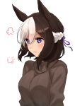  1girl =3 absurdres angry animal_ears breasts brown_hair commentary highres horse_ears horse_girl inuyabu_cc jewelry medium_breasts multicolored_hair necklace special_week_(umamusume) streaked_hair sweater turtleneck turtleneck_sweater umamusume violet_eyes white_background 