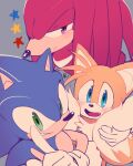  3boys :d animal_nose blue_eyes blush fang fox_boy furry furry_male gloves green_eyes index_finger_raised knuckles_the_echidna looking_at_viewer male_focus misuta710 multiple_boys multiple_tails smile sonic_(series) sonic_the_hedgehog star_(symbol) symbol-only_commentary tail tails_(sonic) two_tails violet_eyes white_gloves 