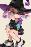  1girl aqua_eyes black_jacket black_shorts closed_mouth curly_hair hand_on_own_face hat highres inkling jacket long_sleeves looking_at_viewer plum0o0 pointy_ears purple_hair shoes short_hair short_shorts shorts simple_background sitting solo splatoon_(series) splatoon_2 white_background white_footwear witch_hat zipper 