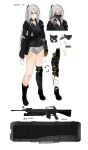  1girl artist_name assault_rifle bangs black_footwear black_jacket black_shirt boots breasts brown_eyes closed_mouth expressionless eyebrows_visible_through_hair full_body girls_frontline grenade_launcher gun hair_between_eyes hair_ornament hairclip headphones headphones_around_neck heterochromia highres jacket jewelry long_hair looking_at_viewer m16 m203 mask mechanical_arms mechanical_legs medallion necklace off-shoulder_shirt off_shoulder original ponytail red_eyes rifle scar scar_across_eye shirt shorts silver_hair single_mechanical_arm single_mechanical_leg solo standing sutekina_awa underbarrel_grenade_launcher weapon weapon_case white_background white_shorts 