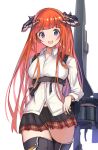  1girl :d arknights ass_visible_through_thighs bagpipe_(arknights) bangs black_legwear black_skirt blush breasts collared_shirt dragon_horns eyebrows_visible_through_hair gun horns huge_weapon long_hair long_sleeves looking_at_viewer medium_breasts miniskirt open_mouth orange_hair shirt simple_background skirt smile solo straight_hair thigh-highs thigh_gap underbust very_long_hair violet_eyes weapon white_background white_shirt yuzuruka_(bougainvillea) 