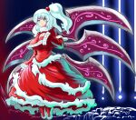  1girl bangs breasts dress eyebrows_visible_through_hair flower full_body grey_eyes hair_bobbles hair_ornament hand_on_own_chest highres large_breasts long_hair long_sleeves pc-98 profitshame red_dress red_flower shinki_(touhou) side_ponytail silver_hair touhou wide_sleeves wings 