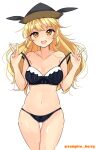  1girl bangs bare_shoulders bikini black_bikini black_bow black_bra black_headwear black_panties blonde_hair bow bow_bra bow_panties bra breasts brown_headwear double_v eyebrows_visible_through_hair hair_between_eyes hands_up hat highres long_hair looking_at_viewer matara_okina medium_breasts navel open_mouth ougi_hina panties simple_background smile solo standing swimsuit tan touhou twitter_username underwear v wavy_hair white_background yellow_eyes 