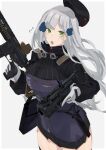  1girl :o artist_name assault_rifle bag bangs beret black_skirt breasts eyebrows_visible_through_hair feet_out_of_frame girls_frontline gloves green_eyes gun h&amp;k_hk416 hair_between_eyes hair_ornament hairclip hat highres hk416_(girls&#039;_frontline) holding holding_bag holding_gun holding_weapon jacket knife_holster long_hair looking_at_viewer medium_breasts open_mouth rifle silver_hair skirt solo standing sutekina_awa tactical_clothes teardrop_facial_mark teardrop_tattoo weapon white_background white_gloves 