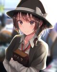  1girl blurry book bow brown_eyes brown_hair capelet collared_shirt depth_of_field fedora fumei_(mugendai) hair_bow hat hat_bow highres holding holding_book necktie red_necktie shirt short_hair smile solo touhou usami_renko white_bow white_shirt 