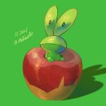  apple applin black_eyes closed_mouth commentary_request dated food fruit full_body green_background looking_up mei_ford no_humans pokemon pokemon_(creature) solo 