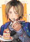  1boy :3 animal_ears bangs black_hair blonde_hair blush cat cat_ears cat_tail closed_mouth confetti eating eyebrows_visible_through_hair food forehead fork fruit grey_cat grey_sweater haikyuu!! hair_over_one_eye holding holding_fork holding_plate kadeart kozume_kenma kuroo_tetsurou looking_at_viewer male_focus multicolored_hair parted_bangs plate short_hair solo strawberry strawberry_shortcake streaked_hair sweater symbol-only_commentary tail two-tone_background two-tone_hair yellow_eyes 