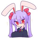  1girl alternate_hairstyle animal_ears bangs blazer blouse bow breasts collared_blouse hair_bow highres jacket large_breasts light_purple_hair long_hair looking_at_viewer necktie op_na_yarou purple_hair rabbit_ears red_bow red_eyes red_neckwear reisen_udongein_inaba simple_background solo touhou twintails white_background white_blouse 
